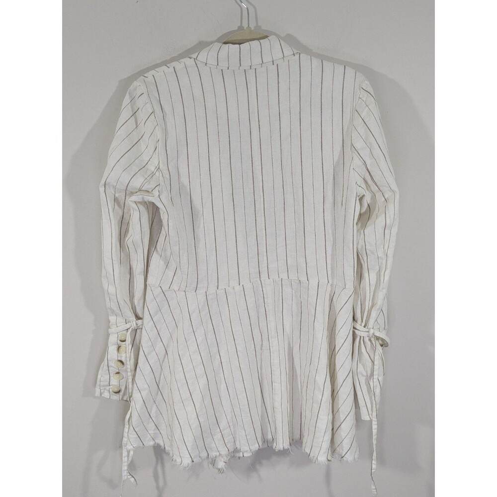 Free People Stella Double Breasted Fray Hem Stripe Linen Blazer in Off White S - Picture 9 of 9